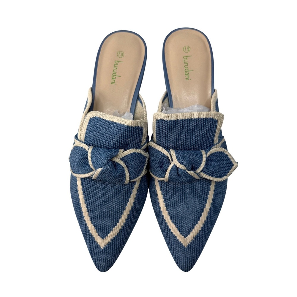 Burudani Blue Knit‎ Pointed Toe Bow Mules Womens 7.5 SBDML2304W Flat Shoes New